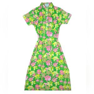 1970s Vintage Pink Lime Green Yellow Floral Collared Maxi Shirt Dress